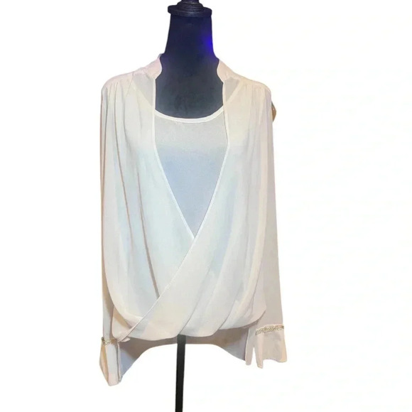 XOXO SHEER PALE TAN EMBELLISHED CUFF SIZE LARGE BLOUSE - Picture 1 of 12